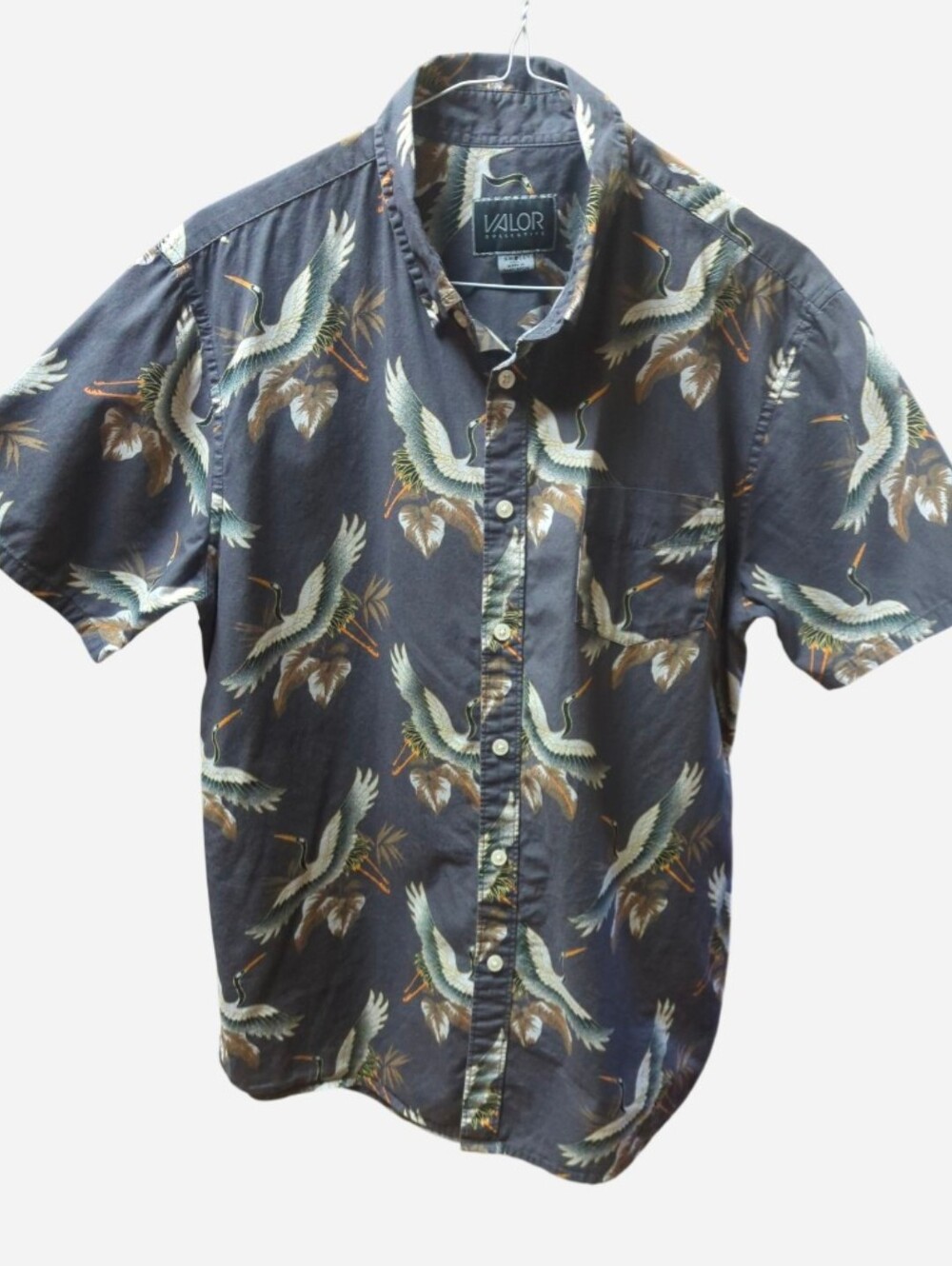 ALO Yoga Men's Short-Sleeve Crane Print Button-Down - Navy with Cream & Brown